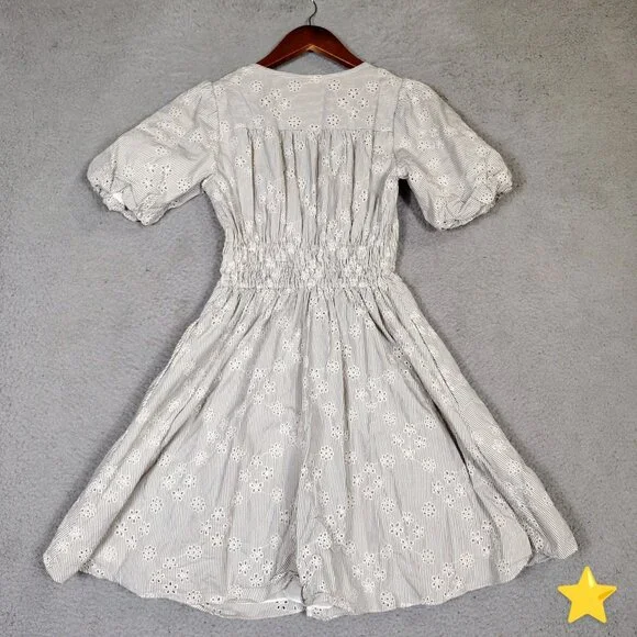 Madewell Mini Dress Women's 2XS White Black Striped Eyelet Sophia Puff Sleeve - Picture 13 of 13